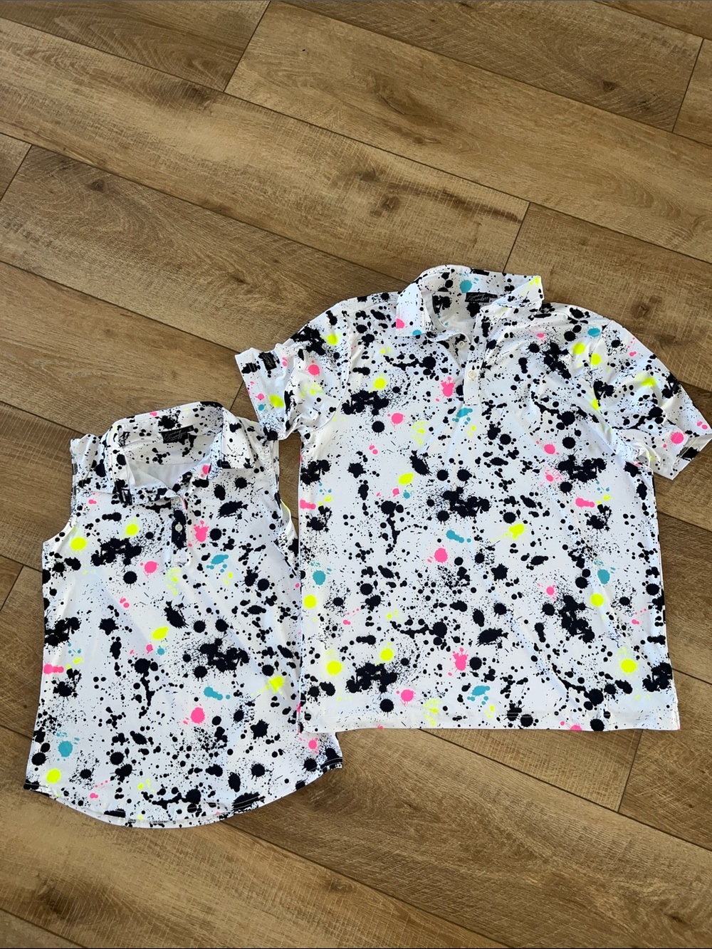 Men's White Splatter Polo with Neon Accent Dots + Women’s Matching Polo